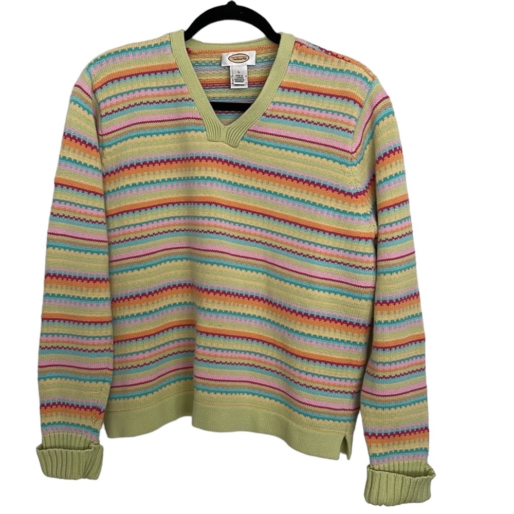 Vintage Talbots Heavy Cotton Sweater Multi-Color Stripe V-Neck Size Large NWOT